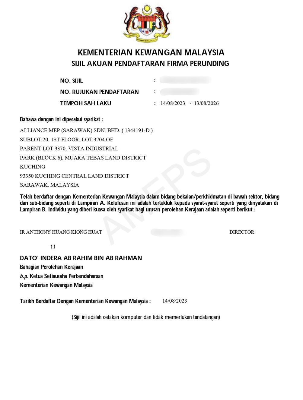 MOF Malaysia Consultant Registration – Alliance MEP